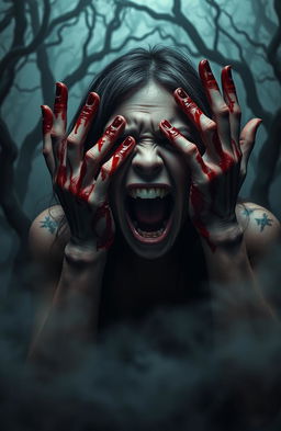 A mystery thriller scene featuring a terrified female character, screaming in fear with bloody hands dragging across her face
