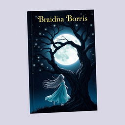 A stunning book cover design featuring a girl standing gracefully beside a large, majestic tree, gazing thoughtfully at a full moon glowing in a starry night sky