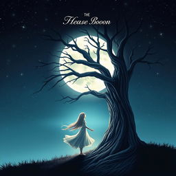 A stunning book cover design featuring a girl standing gracefully beside a large, majestic tree, gazing thoughtfully at a full moon glowing in a starry night sky
