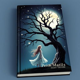 A stunning book cover design featuring a girl standing gracefully beside a large, majestic tree, gazing thoughtfully at a full moon glowing in a starry night sky