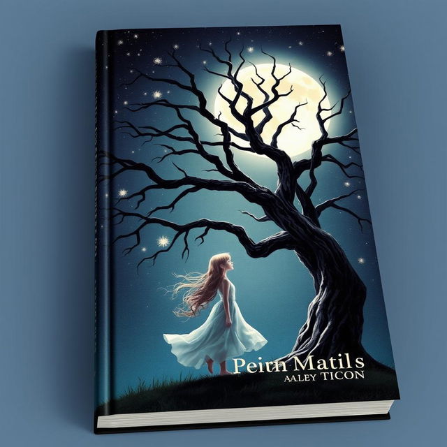 A stunning book cover design featuring a girl standing gracefully beside a large, majestic tree, gazing thoughtfully at a full moon glowing in a starry night sky