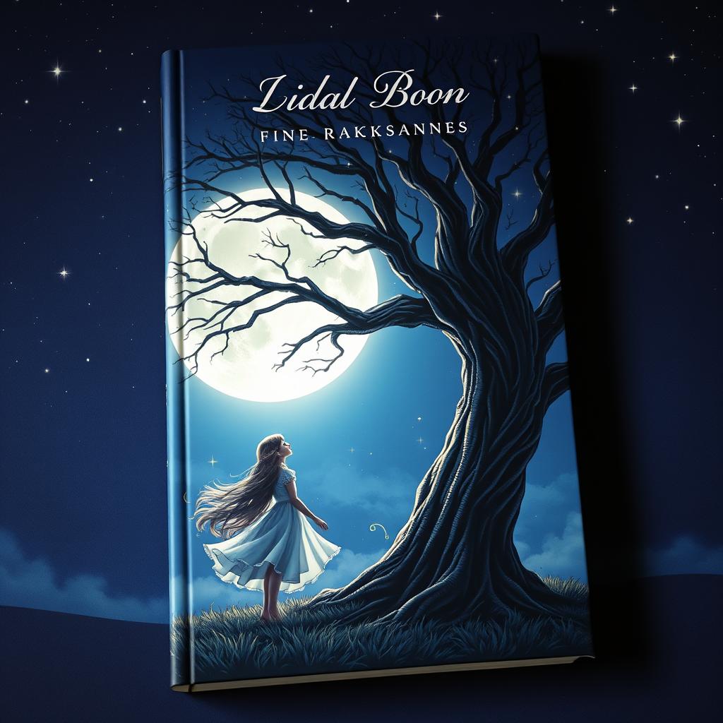 A stunning book cover design featuring a girl standing gracefully beside a large, majestic tree, gazing thoughtfully at a full moon glowing in a starry night sky