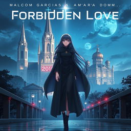 A stunning album cover for 'Forbidden Love' by Malcom Garcia & Amara Doma, featuring a futuristic theme