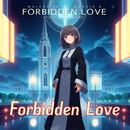 A stunning album cover for 'Forbidden Love' by Malcom Garcia & Amara Doma, featuring a futuristic theme