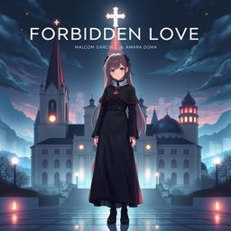A stunning album cover for 'Forbidden Love' by Malcom Garcia & Amara Doma, featuring a futuristic theme