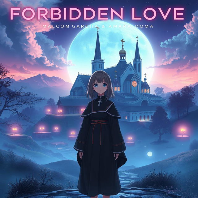 A captivating album cover for 'Forbidden Love' by Malcom Garcia & Amara Doma, set in a futuristic theme