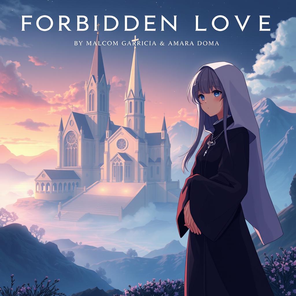 A captivating album cover for 'Forbidden Love' by Malcom Garcia & Amara Doma, set in a futuristic theme