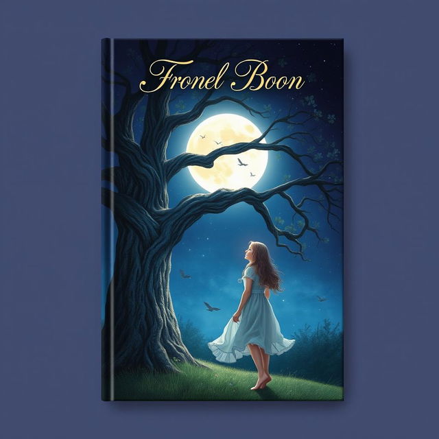 A beautiful book cover design featuring a girl standing next to a large, majestic tree, gazing up at a luminous full moon