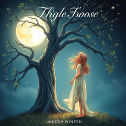 A beautiful book cover design featuring a girl standing next to a large, majestic tree, gazing up at a luminous full moon