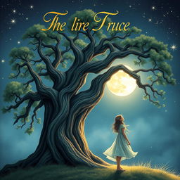 A beautiful book cover design featuring a girl standing next to a large, majestic tree, gazing up at a luminous full moon