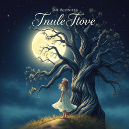 A beautiful book cover design featuring a girl standing next to a large, majestic tree, gazing up at a luminous full moon