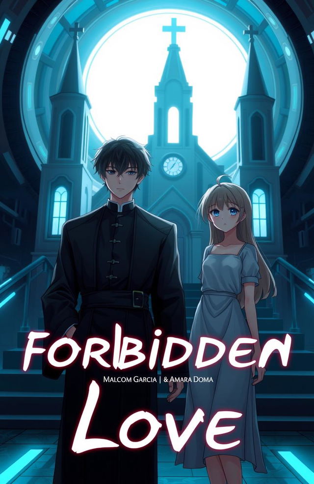 Album cover for 'Forbidden Love' by Malcom Garcia & Amara Doma featuring two anime characters in a futuristic setting