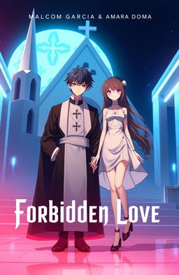 Album cover for 'Forbidden Love' by Malcom Garcia & Amara Doma featuring two anime characters in a futuristic setting