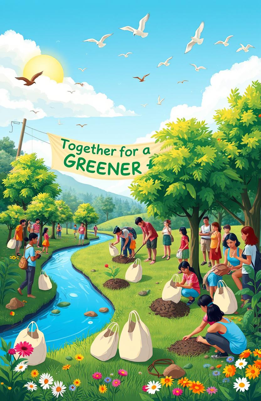 A visually striking illustration representing a global initiative to reduce plastic use and promote tree planting