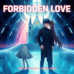 Album cover for 'Forbidden Love' by Malcom Garcia & Amara Doma featuring two anime characters set in a futuristic environment