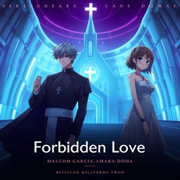 Album cover for 'Forbidden Love' by Malcom Garcia & Amara Doma featuring two anime characters set in a futuristic environment