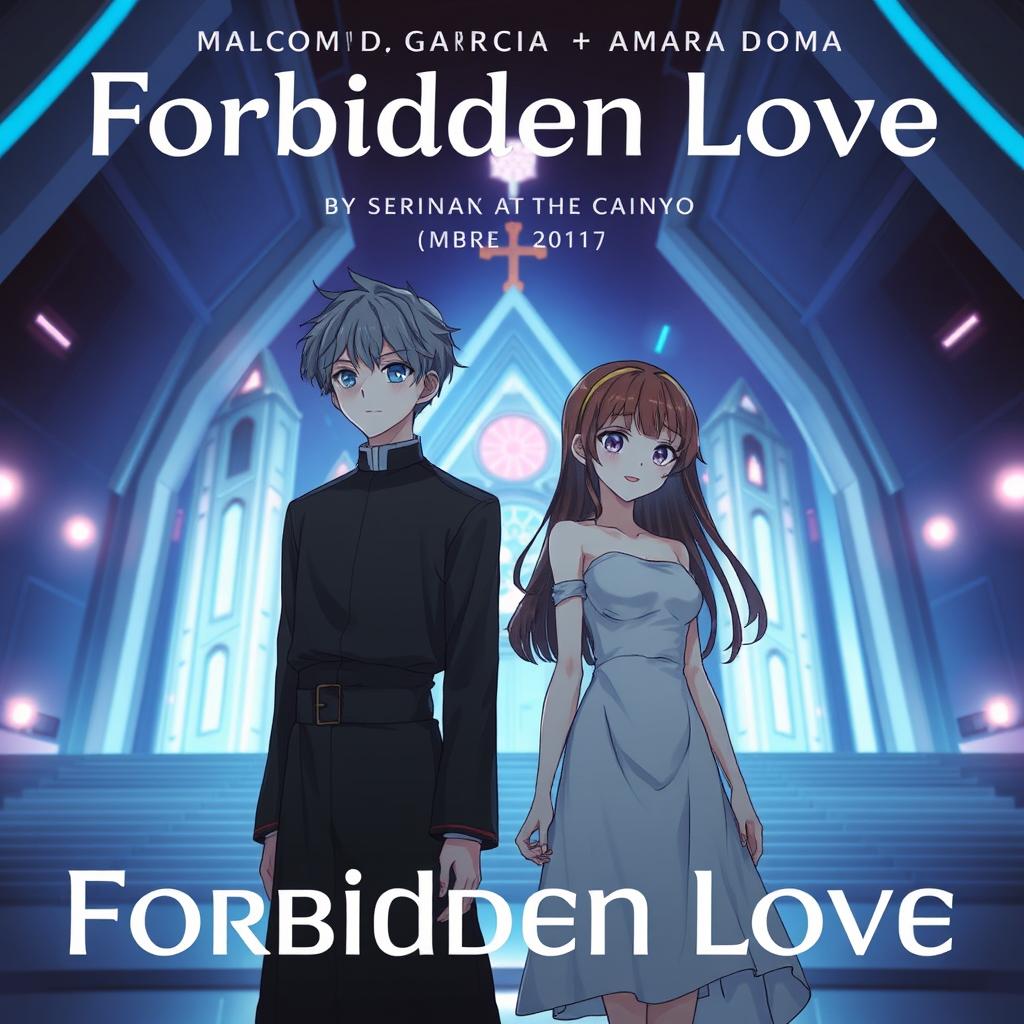 Album cover for 'Forbidden Love' by Malcom Garcia & Amara Doma featuring two anime characters set in a futuristic environment