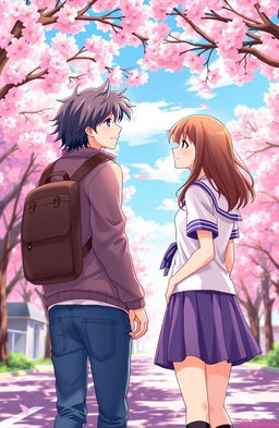 A scene depicting two high school lovers walking in opposite directions on a sunlit street filled with cherry blossom trees, illustrated in vibrant anime style