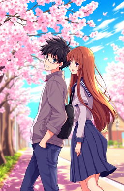 A scene depicting two high school lovers walking in opposite directions on a sunlit street filled with cherry blossom trees, illustrated in vibrant anime style
