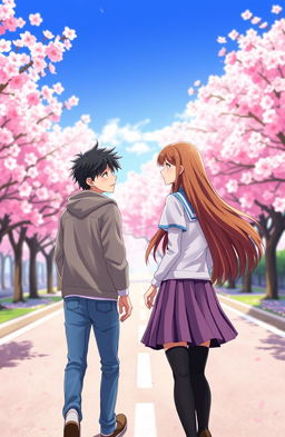 A scene depicting two high school lovers walking in opposite directions on a sunlit street filled with cherry blossom trees, illustrated in vibrant anime style