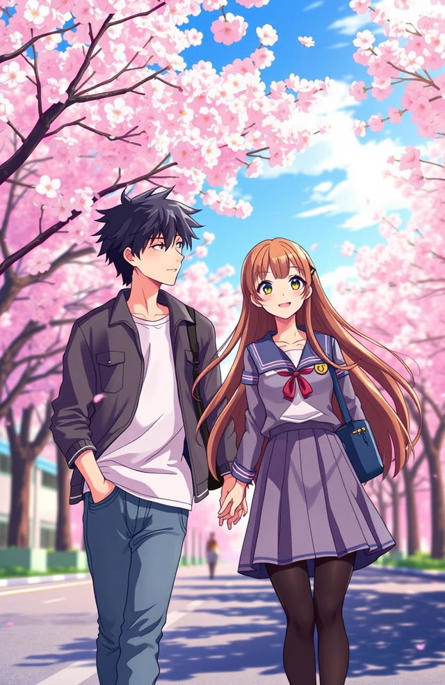 A scene depicting two high school lovers walking in opposite directions on a sunlit street filled with cherry blossom trees, illustrated in vibrant anime style