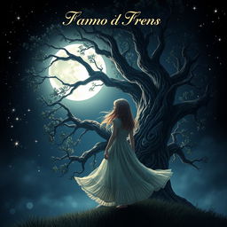 An enchanting book cover design featuring a girl standing beside a magnificent, ancient tree, her gaze fixed on a luminous full moon brightening the night sky