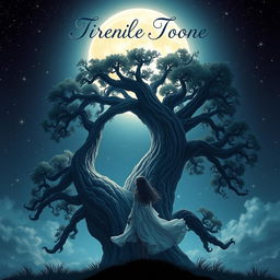 An enchanting book cover design featuring a girl standing beside a magnificent, ancient tree, her gaze fixed on a luminous full moon brightening the night sky