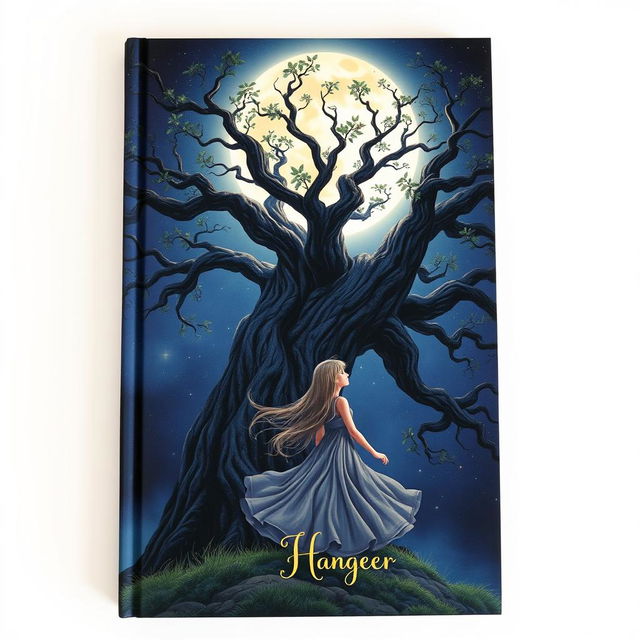 An enchanting book cover design featuring a girl standing beside a magnificent, ancient tree, her gaze fixed on a luminous full moon brightening the night sky