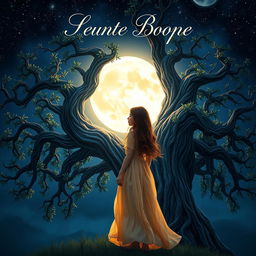 An enchanting book cover design featuring a girl standing beside a magnificent, ancient tree, her gaze fixed on a luminous full moon brightening the night sky