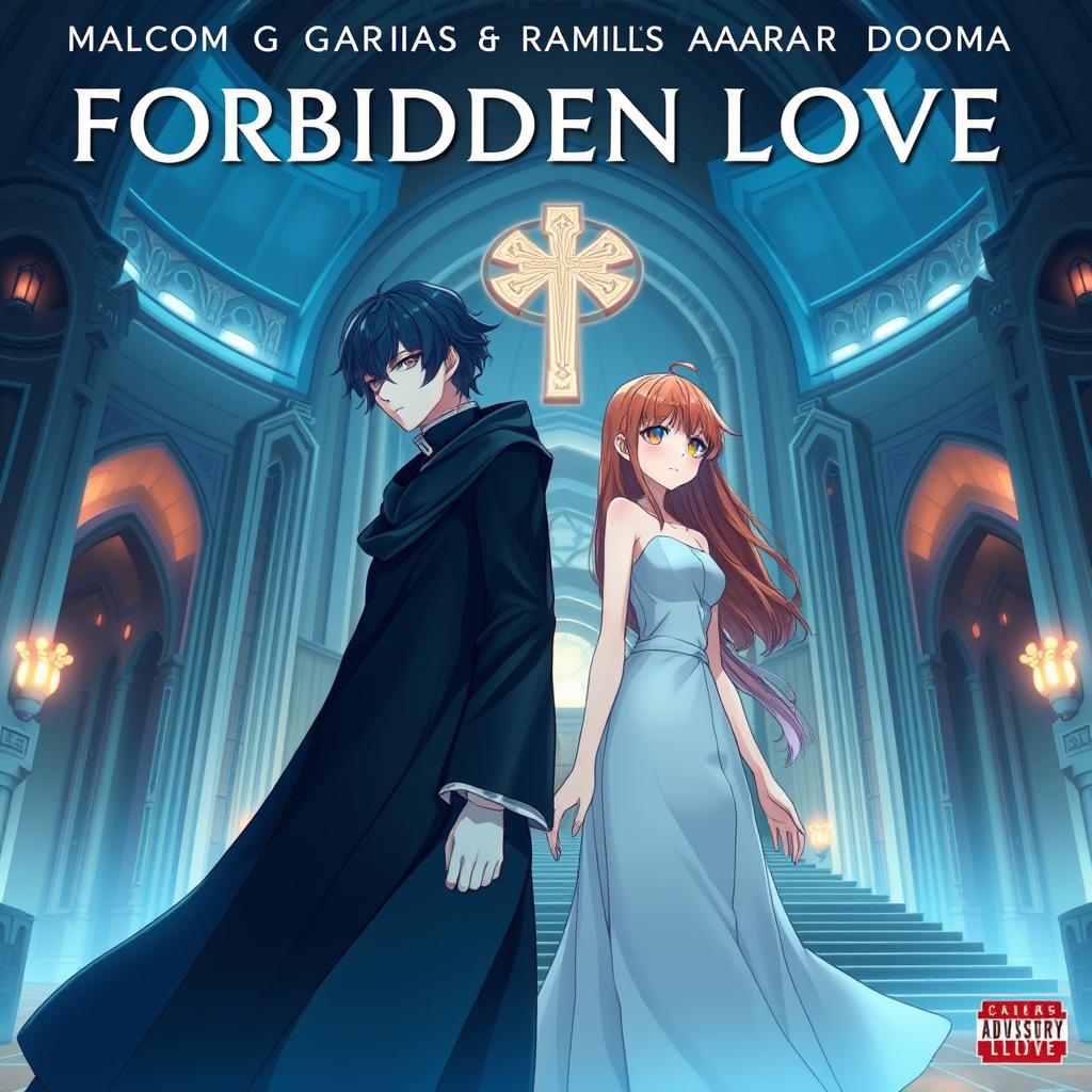 Album cover for 'Forbidden Love' by Malcom Garcia & Amara Doma featuring two anime characters in a futuristic setting