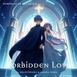 Album cover for 'Forbidden Love' by Malcom Garcia & Amara Doma featuring two anime characters in a futuristic setting