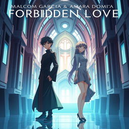 Album cover for 'Forbidden Love' by Malcom Garcia & Amara Doma featuring two anime characters in a futuristic setting