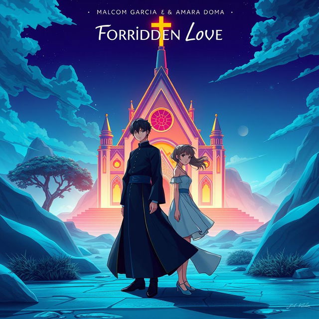 Album cover for 'Forbidden Love' by Malcom Garcia & Amara Doma featuring two anime characters in a futuristic landscape