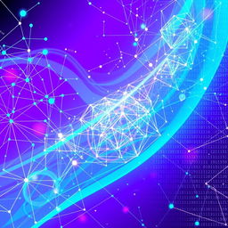 A futuristic and dynamic background design for a cover page on machine learning, featuring abstract neural network patterns, vibrant color gradients transitioning from deep purple to electric blue, and geometric shapes symbolizing data analysis and technology