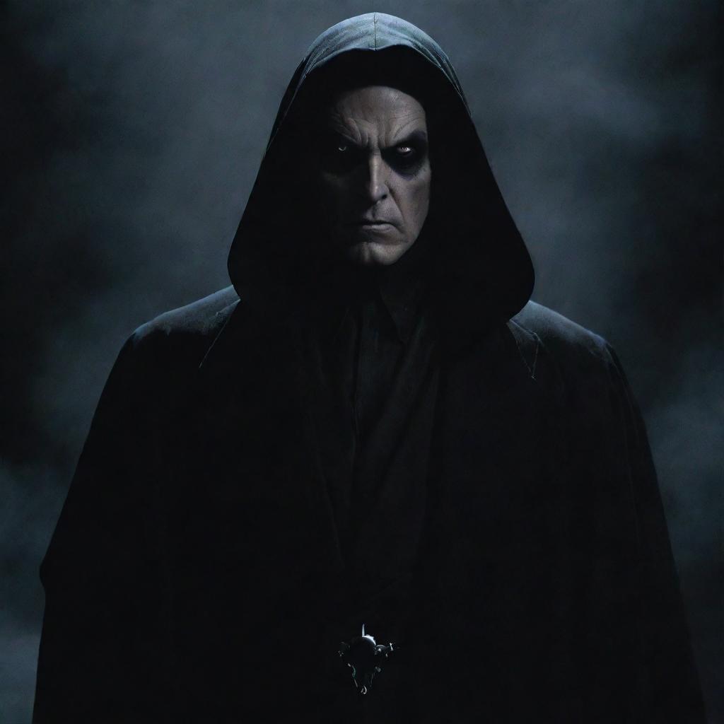 A menacing looking character portrayed as a classic villain, dressed in dark attire and surrounded by an aura of danger.