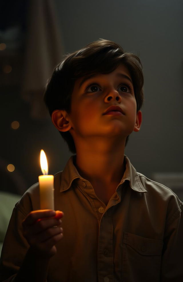 A handsome young boy with tanned skin holding a glowing candle, looking up with a thoughtful expression