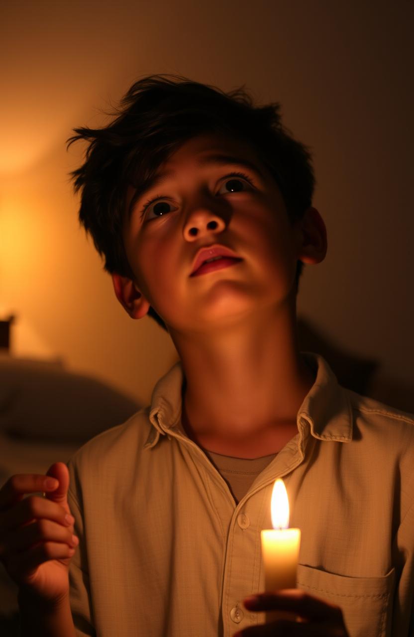 A handsome young boy with tanned skin holding a glowing candle, looking up with a thoughtful expression