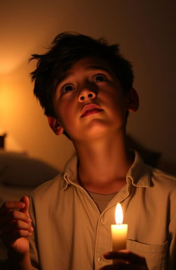 A handsome young boy with tanned skin holding a glowing candle, looking up with a thoughtful expression