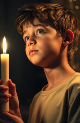 A handsome young boy with tanned skin holding a glowing candle, looking up with a thoughtful expression