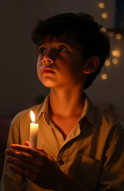A handsome young boy with tanned skin holding a glowing candle, looking up with a thoughtful expression