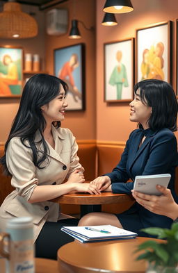 A romantic scene set in a cozy cafe where two beautiful women, one with long dark hair and the other with short black hair, are sharing a moment of connection