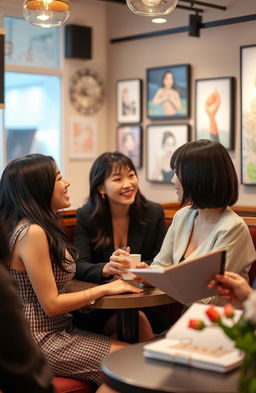A romantic scene set in a cozy cafe where two beautiful women, one with long dark hair and the other with short black hair, are sharing a moment of connection