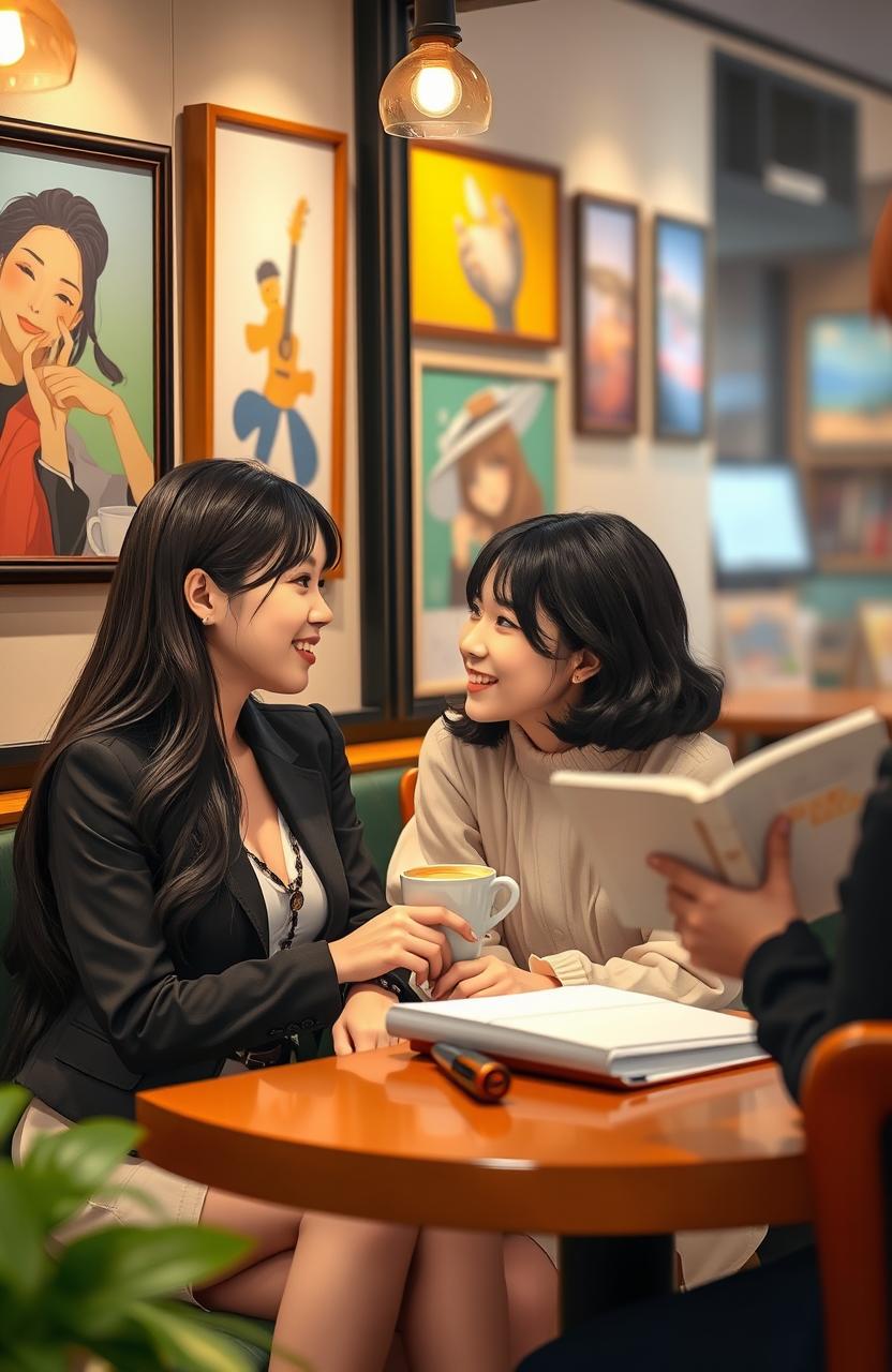 A romantic scene set in a cozy cafe where two beautiful women, one with long dark hair and the other with short black hair, are sharing a moment of connection