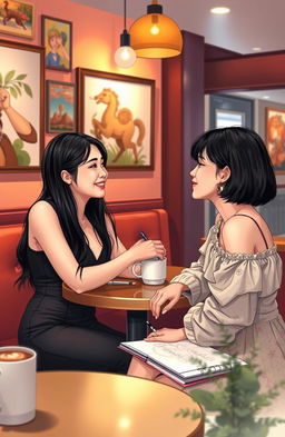 A romantic scene set in a cozy cafe where two beautiful women, one with long dark hair and the other with short black hair, are sharing a moment of connection