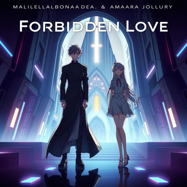 Album cover for 'Forbidden Love' by Malcom Garcia & Amara Doma, featuring two anime characters in a futuristic setting