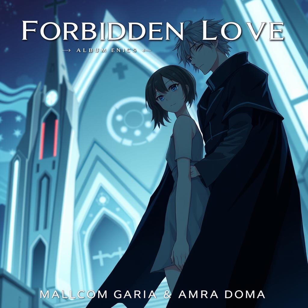 Album cover for 'Forbidden Love' by Malcom Garcia & Amara Doma, featuring two anime characters in a futuristic setting