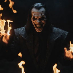 A cinematic villain manifesting their power of fire, their hands ablaze with intense flames reflecting off their sinister grin and dark attire