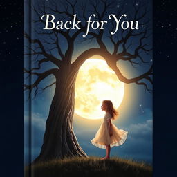 A captivating book cover design for 'Back for You' featuring a girl standing next to a grand, ancient tree, gazing contemplatively at a radiant full moon illuminating the night sky