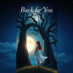 A captivating book cover design for 'Back for You' featuring a girl standing next to a grand, ancient tree, gazing contemplatively at a radiant full moon illuminating the night sky
