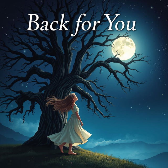 A captivating book cover design for 'Back for You' featuring a girl standing next to a grand, ancient tree, gazing contemplatively at a radiant full moon illuminating the night sky